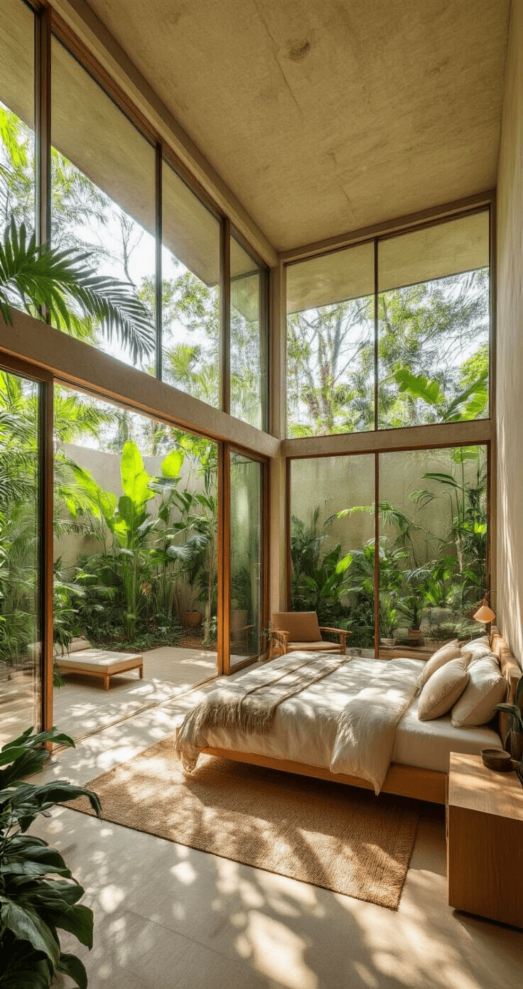 Panoramic view of a Brazilian bedroom featuring floor-to-ceiling glass panels showcasing lush tropical vegetation, with dappled sunlight casting organic shadows on minimalist light wood furniture in neutral earthy tones of sage, terracotta, and sand.