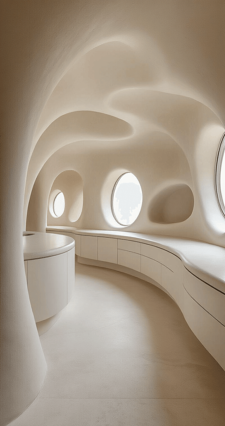 Dramatic interior scene of a Los Angeles Offset ADU with undulating white cabinetry, soft natural lighting, round windows, and a muted color palette, emphasizing flowing architectural lines and whimsical space.