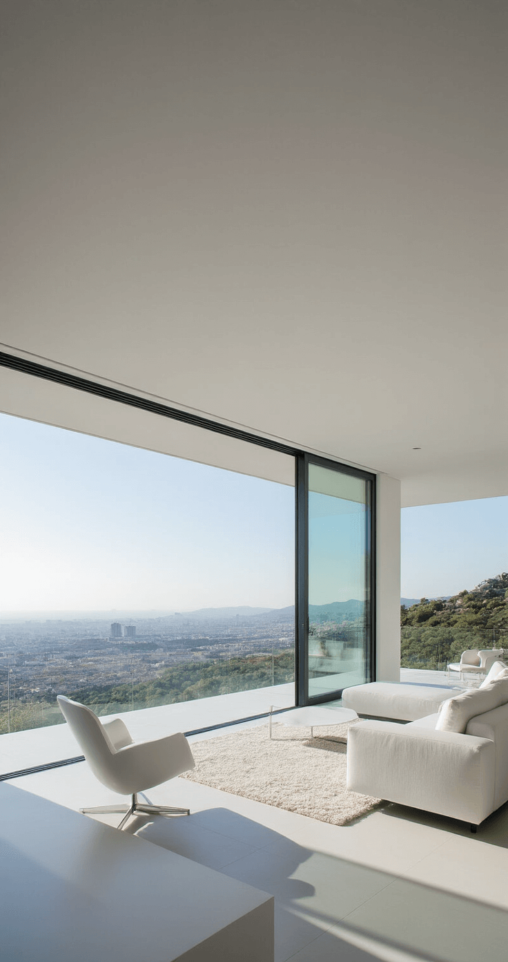 A minimalist interior of a Barcelona hillside home features white walls and sparse contemporary furniture in soft grays, with a floor-to-ceiling glass wall offering a stunning 180-degree landscape view, illuminated by strategic lighting that enhances shadow play.