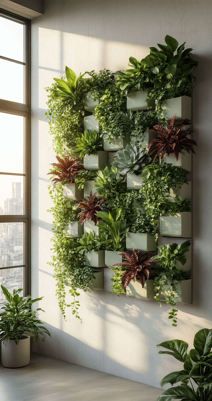 Ultra-detailed modern living wall in a minimalist loft apartment, featuring a vertical garden with various plants in geometric ceramic planters, illuminated by soft natural light filtering through industrial windows at golden hour.