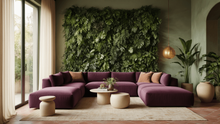 I've Been Watching 2024's Interior Design Trends Unfold—And Here's Everything That Actually Matters A luxurious living room designed in 2024 featuring lush tropical plants on sage green walls, terracotta tile flooring, a deep aubergine velvet sectional, organic ceramic side tables, sheer linen curtains, vintage brass lighting, and layered textures of stone, wood, and fabric.