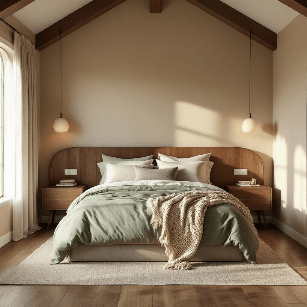 Photorealistic modern bedroom featuring curved walnut bedside tables, a plush upholstered bed, and warm morning light filtering through sheer curtains, illuminating textured linen bedding in sage green and cream tones, with a chunky knit throw at the foot, set against warm taupe walls and hardwood floors, viewed from the entrance.