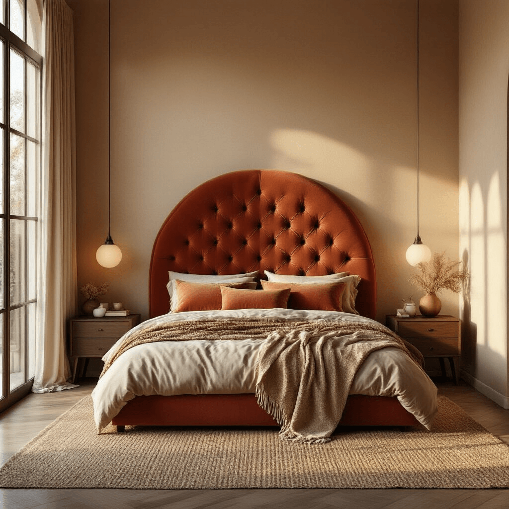 Luxurious bedroom featuring a rounded tufted headboard in terracotta velvet, warm beige walls, and golden sunlight streaming through large windows, highlighting silk pillows, a cashmere throw, a jute rug, and curved dark wood nightstands with ceramic lamps, creating a cozy and sophisticated atmosphere.