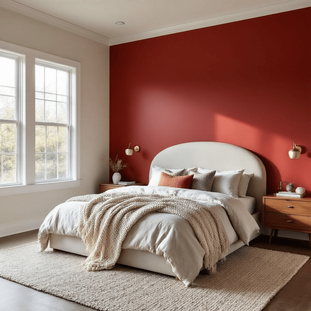 Contemporary bedroom with a bold cherry red accent wall behind a platform bed featuring a soft curved headboard, illuminated by afternoon natural light. Chunky knit blankets in cream and warm gray are layered on organic cotton sheets, complemented by floating walnut nightstands with rounded corners and brass hardware. A textured wool area rug anchors the 14x16 foot space with high ceilings and architectural crown molding details.