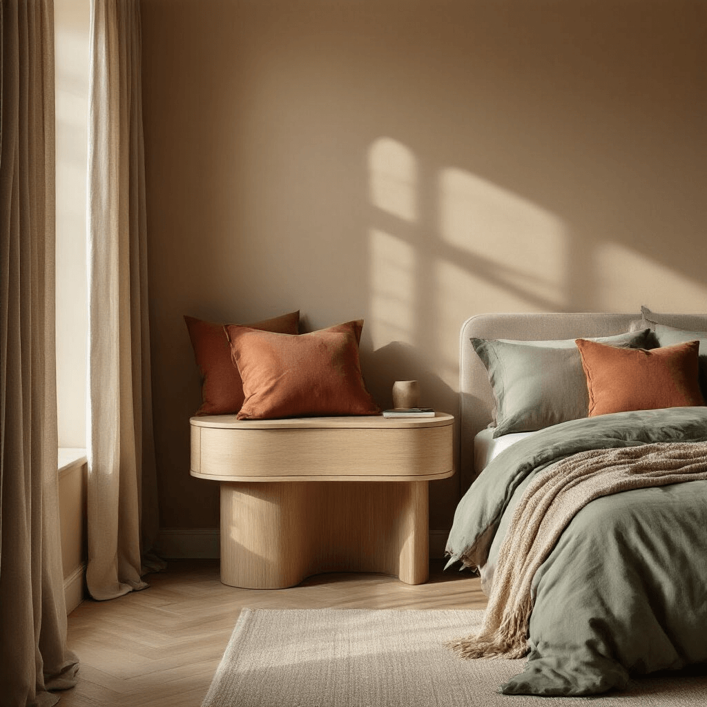 Warm minimalist bedroom featuring a curved light oak bedside table, luxury sage green and terracotta bedding, and soft morning light filtering through linen curtains, casting shadows on textured pillows and a cashmere blanket, with natural hardwood floors and warm taupe walls.