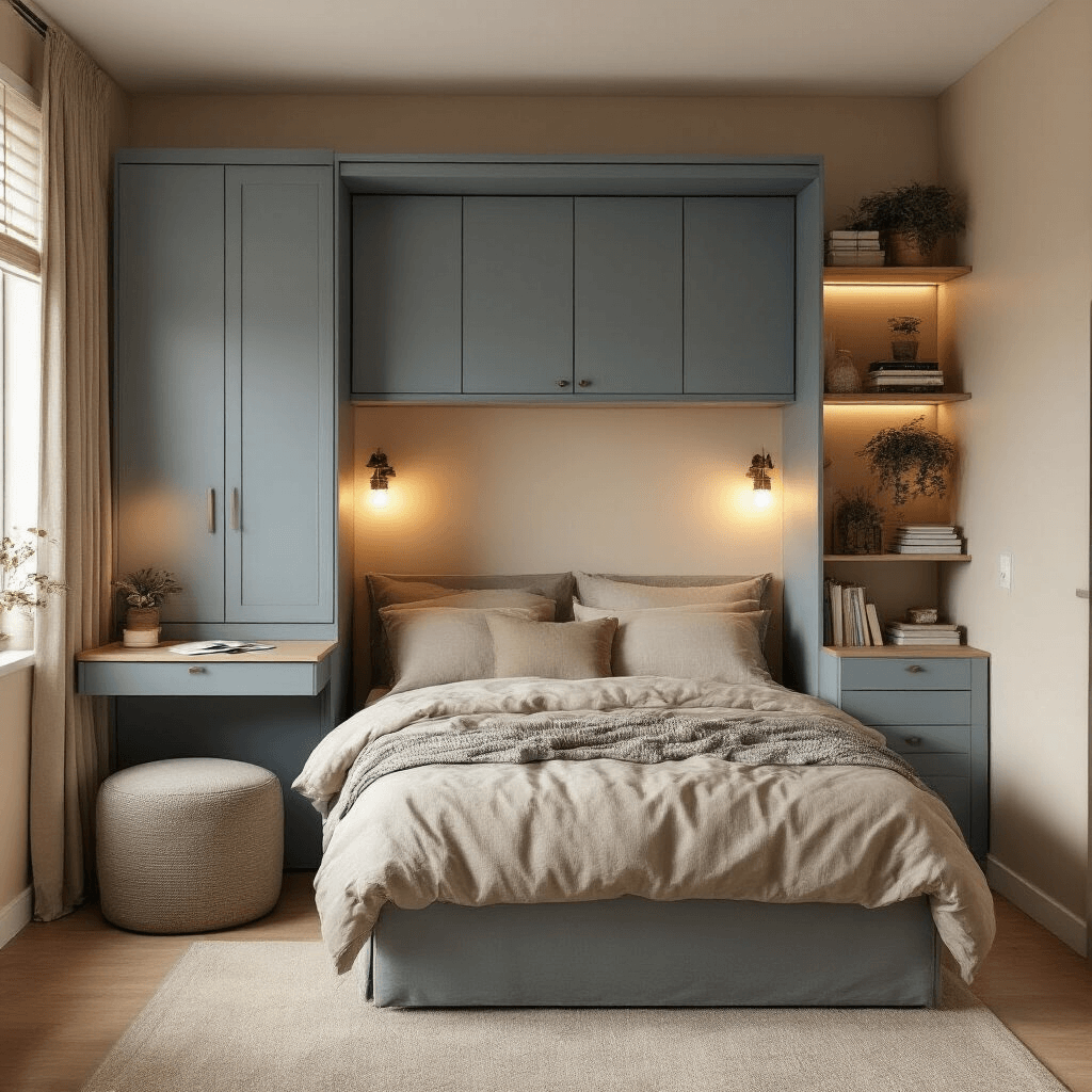 Cozy bedroom interior featuring a compact 9x11 space with a half-folded Murphy bed revealing integrated storage, a storage ottoman at the foot, a wall-mounted fold-down desk, and vertical hanging organizers, all illuminated by soft evening ambient lighting from bedside sconces. The decor incorporates a warm beige and dusty blue palette, textured linen bedding, and floating shelves adorned with books and plants, captured from a corner perspective in warm tungsten lighting for an intimate atmosphere.