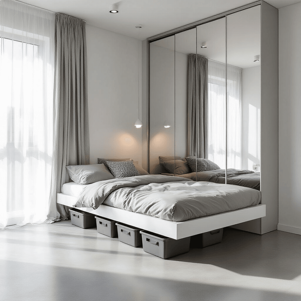 A small modern bedroom features a floating bed frame, a floor-to-ceiling mirrored wardrobe, and under-bed storage containers. The room is decorated in bright white and soft gray, with slim legless furniture and sheer curtains that maximize natural light. Polished concrete floors and geometric throw pillows complete the minimalistic design, captured from a low angle to emphasize height and create an airy, spacious feeling.