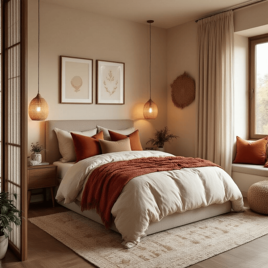 A cozy couple's bedroom with warm terracotta and cream pillows, layered textures, matching pendant lights, a personalized wall art gallery, and a reading corner, captured in golden hour lighting from the doorway.