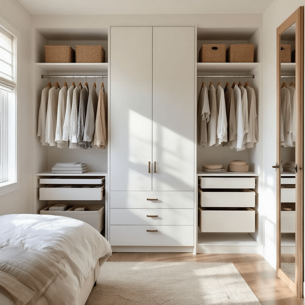 A wide shot of a maximized small bedroom featuring wall-to-wall built-in storage, floor-to-ceiling vertical shelving, organized hanging closets, multi-functional furniture, and a neutral color palette of whites and natural wood, illuminated by afternoon natural light with strategic mirrors enhancing visual space.