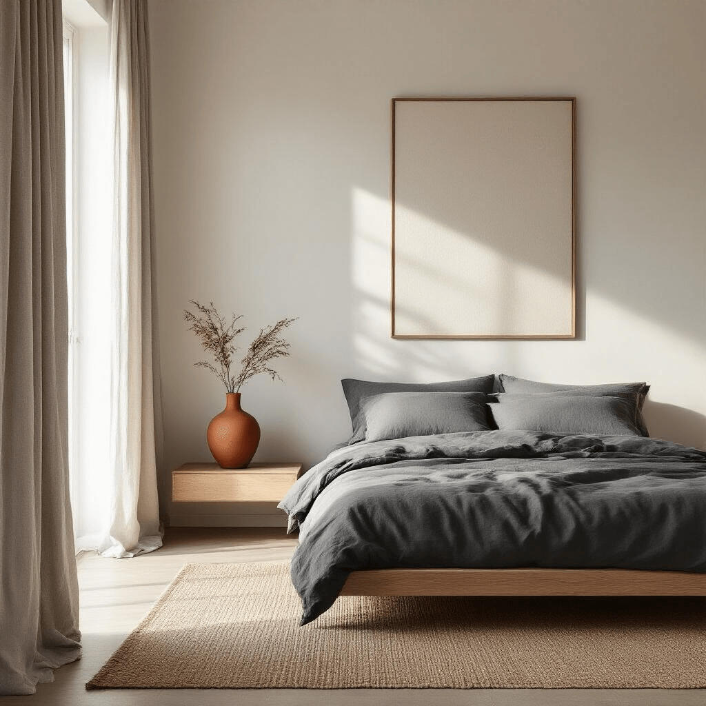 A serene ultra-minimalist Scandinavian bedroom featuring soft warm white walls, charcoal gray linen bedding, and a terra cotta ceramic vase on a floating nightstand, illuminated by gentle morning light through sheer curtains, with a low-profile natural oak bed, jute area rug, and a large abstract art piece above the bed, all captured at a 45-degree angle in a calm, muted color palette.