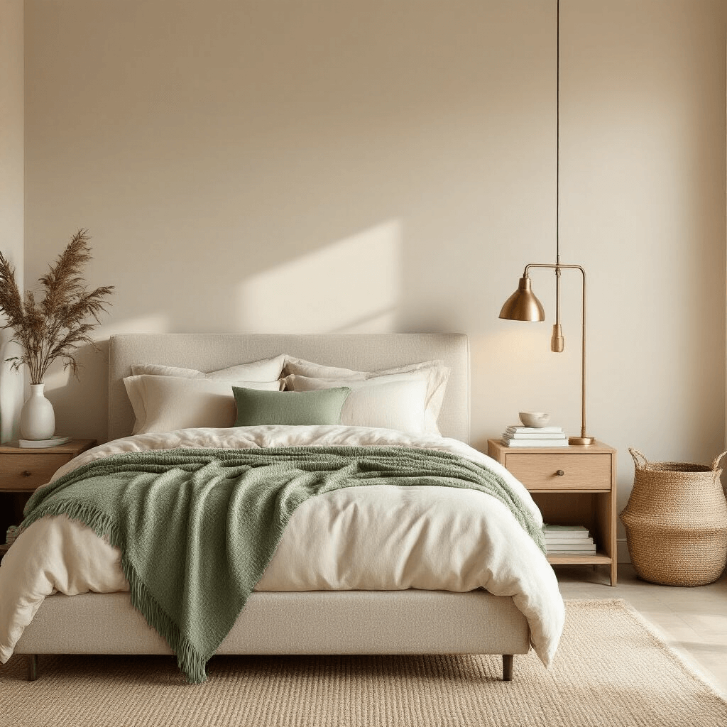 Warm neutral bedroom featuring a bouclé upholstered bed with a low profile frame, adorned with a sage green throw blanket and cream linen sheets. A brushed brass reading lamp sits on a floating wooden nightstand, while a large woven jute basket occupies the corner. A stack of framed design books adds minimal decor. Soft 2700K warm lighting enhances texture variations and depth, viewed from the doorway with soft side lighting.