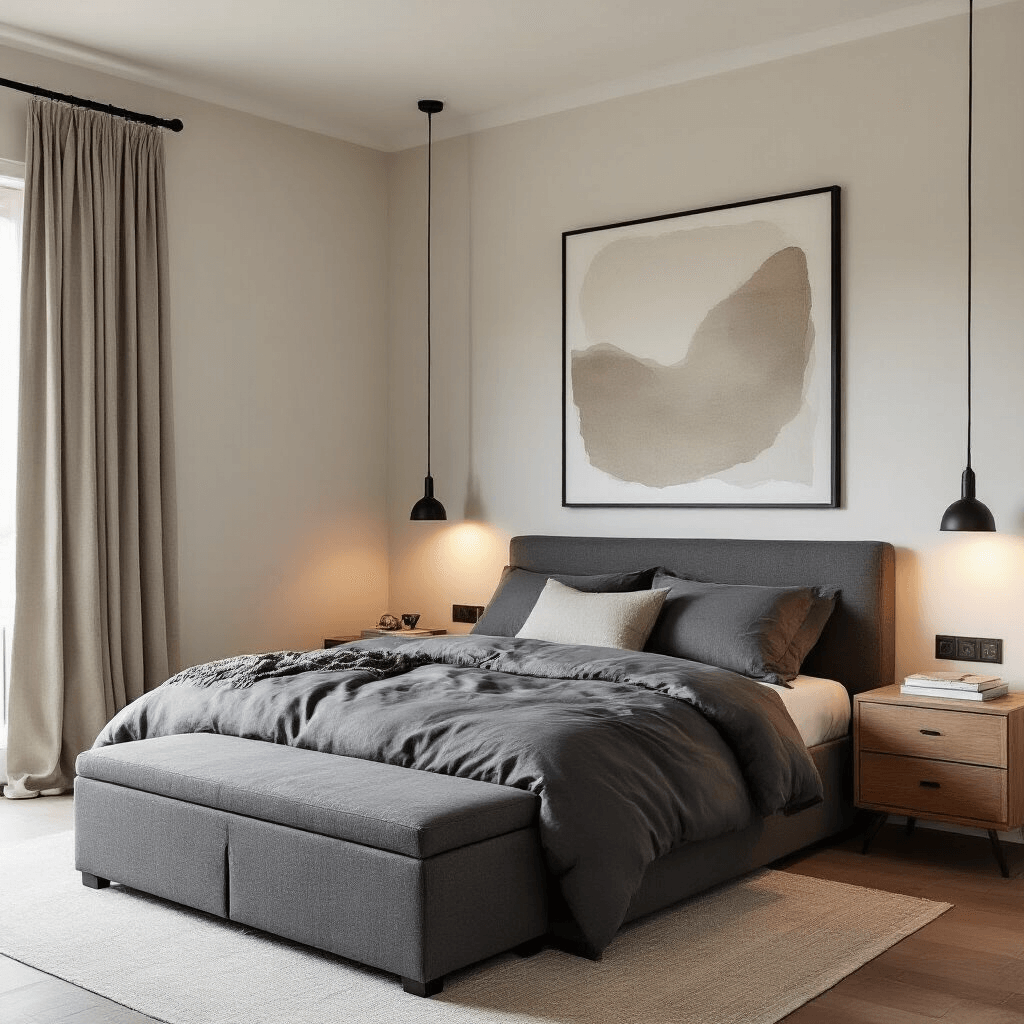 Cozy bedroom featuring an upholstered storage bench at the foot of a bed with a charcoal gray linen duvet, warm white walls, and floor-length neutral curtains on a matte black rod, accented by an oversized abstract art piece and a clip-on reading light on the headboard, with a natural wood nightstand that has a hidden drawer, all bathed in soft ambient lighting, viewed from a corner at a 30-degree angle to highlight clean lines and hidden storage functionality.