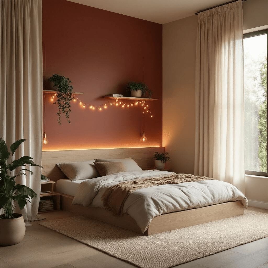 A cozy small bedroom featuring a queen platform bed in the corner, soft greige walls, a deep terracotta accent wall, warm LED string lights, floating wooden shelves with minimal plants, ivory linen curtains filtering sunlight, an oatmeal area rug, brass wall sconces, and a low-angle view emphasizing vertical space and warmth.