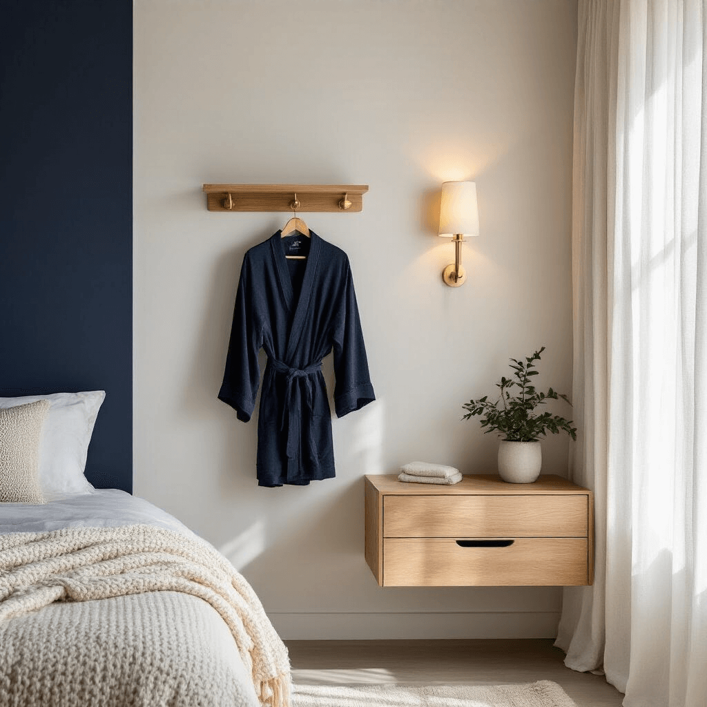 Intimate bedroom corner featuring a wall-mounted floating nightstand shelf in natural wood with sleek brass hooks holding a minimalist robe and outfit, warm white walls and a deep navy accent wall behind the platform bed with built-in storage, soft task lighting from an adjustable wall sconce, a chunky knit cream throw draped over the bed, a small potted plant casting gentle shadows on the shelf, and soft morning light filtering through sheer linen curtains for a tranquil atmosphere.