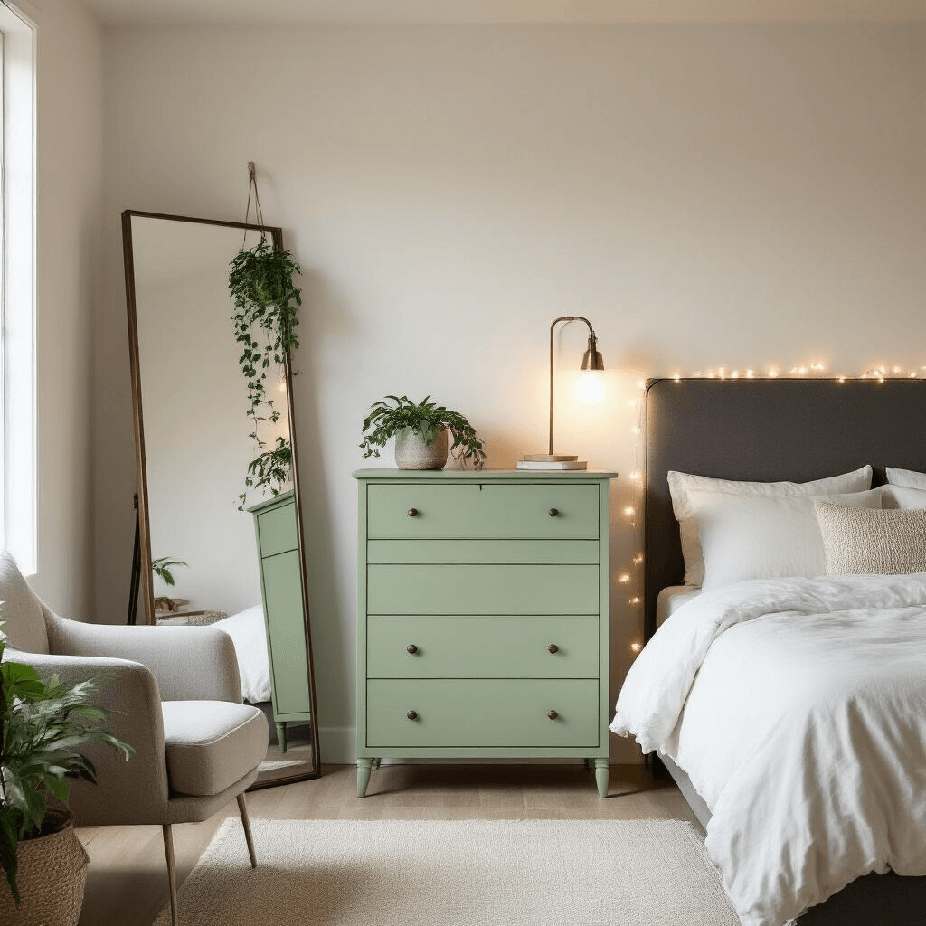Cozy small bedroom with a tall narrow sage green dresser, a queen bed with white bedding and charcoal headboard, a full-length mirror, wall-mounted plant holders, warm white LED string lights, an upholstered reading chair, a sleek floor lamp, and a low-pile oatmeal area rug, all captured in soft, diffused lighting.