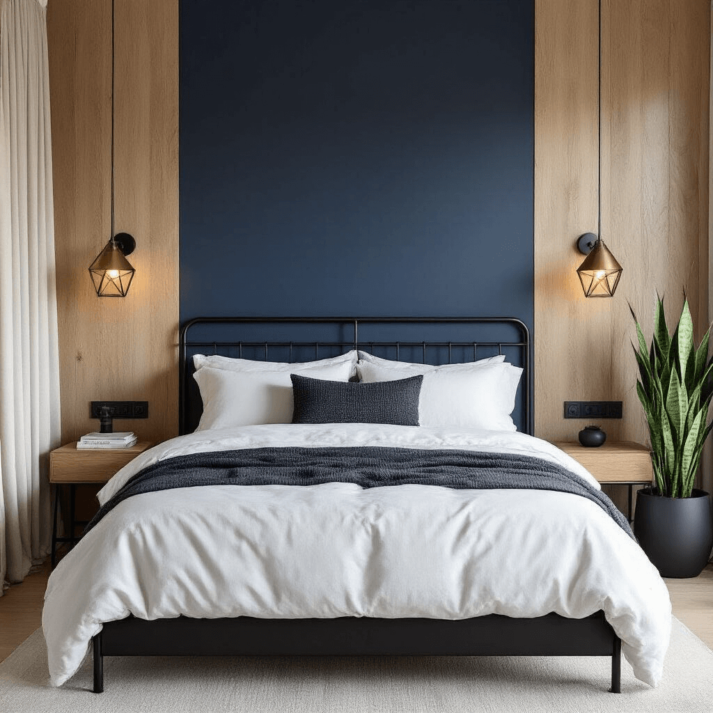 Contemporary masculine bedroom featuring a navy blue accent wall, light oak vertical wood paneling, a clean-lined black metal bed frame with white linen and a charcoal throw pillow, brushed steel nightstands with USB charging, a snake plant in a black pot, geometric brass wall sconces, and soft morning light through cream blackout curtains.