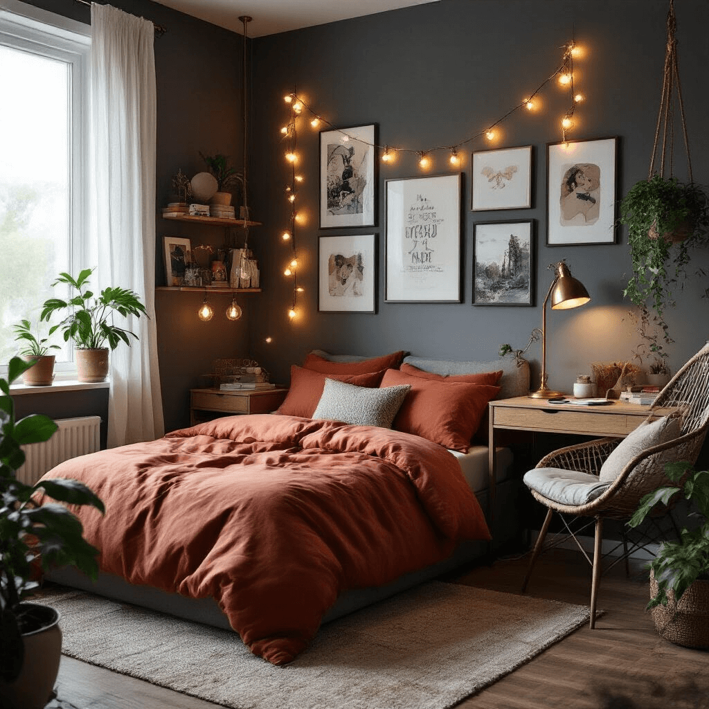 A wide-angle view of a teenage girl's bedroom featuring a charcoal gray accent wall, soft rust-colored bedding, a brass industrial-style desk lamp, and a natural wood floating desk, adorned with layered string lights. The room includes a large gallery wall with mixed art prints and personal photographs, a pothos plant in a ceramic planter near the window, and a mid-century modern hanging chair in the corner, all illuminated by diffused morning sunlight filtering through sheer white curtains, emphasizing a minimalist yet personal and expressive style.