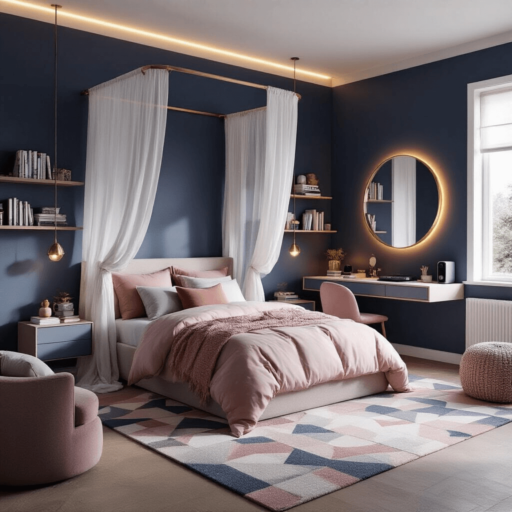 Cinematic view of a modern teen bedroom featuring a navy blue and blush color palette, a four-poster bed draped with gauzy white curtains, geometric patterned area rug, curated wall-mounted shelves, adjustable LED strip lighting, oversized round mirror above a desk, multiple textured throw pillows, and a large window allowing natural light to create soft shadows.