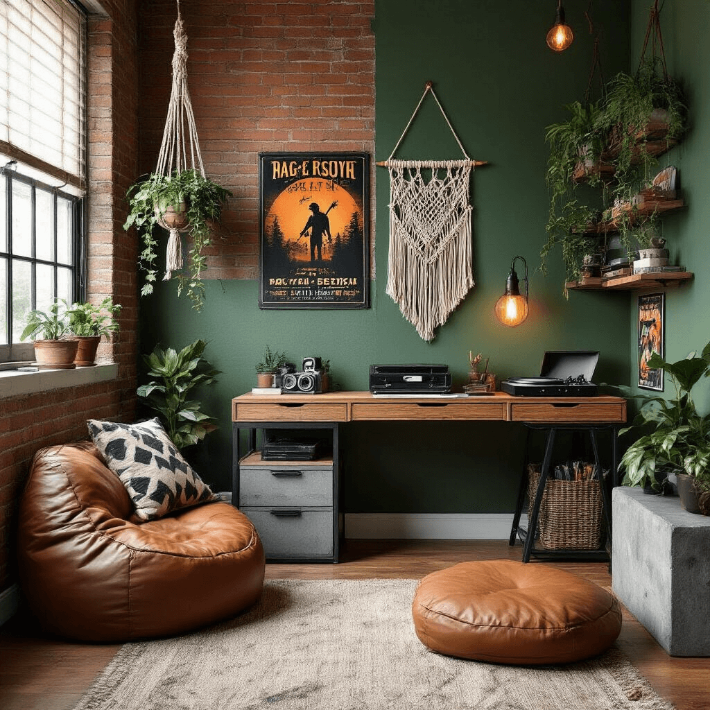 A stylish urban-inspired teen bedroom featuring a forest green accent wall, industrial metal and wood desk, macramé wall hanging, vintage concert posters, exposed brick texture, hanging macramé plants, a vintage leather bean bag chair, a concrete bedside table with a geometric lamp, oversized earthy floor cushions, and a vintage record player on a floating shelf, all illuminated by warm tungsten lighting.