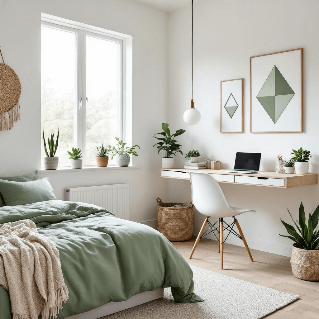 Minimalist Scandinavian-inspired teen bedroom featuring white walls, light wood furniture, sage green bedding, large windows, a floating desk, geometric wall art, potted succulents, and a soft throw blanket, all designed with clean lines and an emphasis on calm and curated aesthetics.