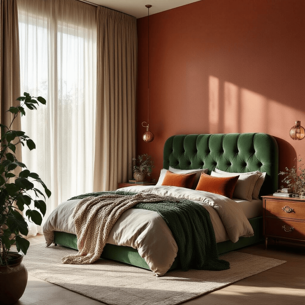 Ultra-luxurious contemporary bedroom featuring a tufted emerald green velvet headboard, layered bedding, and a vintage wooden dresser, with soft morning light filtering through floor-to-ceiling linen curtains and a warm terracotta accent wall.