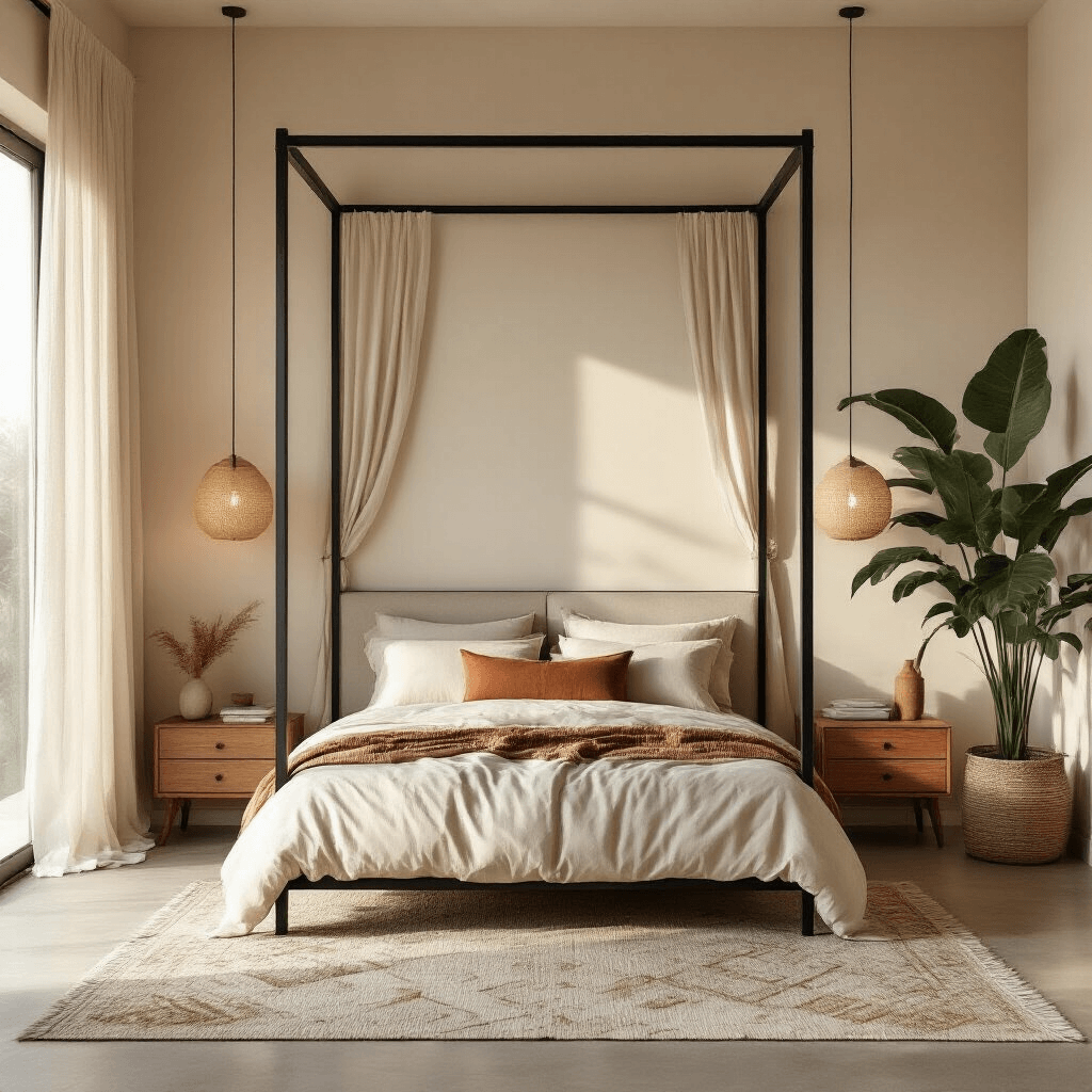 Warm minimalist bedroom interior featuring a modern black metal canopy bed, vintage nightstands, sheer linen curtains, and a large monstera plant, all bathed in soft natural lighting during golden hour.