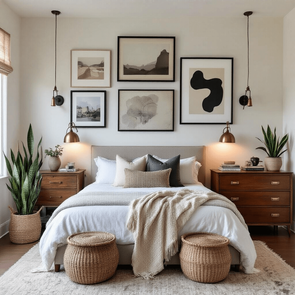 Eclectic bedroom sanctuary featuring a mix of vintage and modern elements, including a gallery wall with mismatched black frames, sophisticated dimmable lighting, natural fiber storage, and a mid-century modern dresser, accented by a snake plant and a chunky knit blanket.