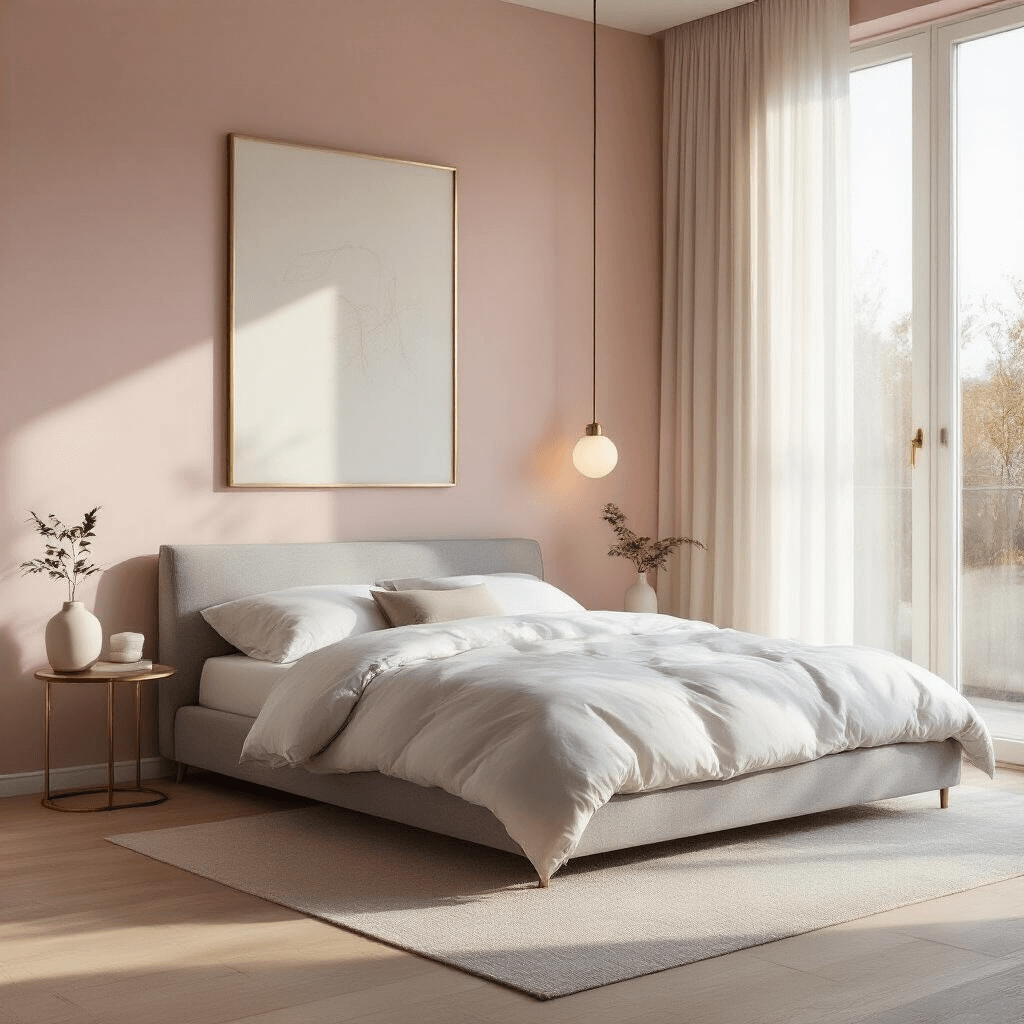 Ultra-detailed modern minimalist pink bedroom featuring a dove grey platform bed with white linen duvet against a blush wall, large window casting warm light, abstract brass art piece, pale oak floors, brass lamp, and a pale green stem in a white vase, captured from an off-center angle to highlight textures and clean lines.