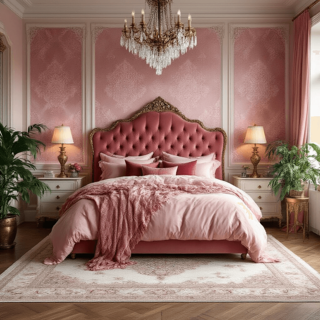A romantic maximalist pink bedroom featuring dusty rose damask wallpaper, a tufted velvet headboard in deep coral, silk blush bedding with various pink throw pillows, vintage brass table lamps, an ornate gold-framed mirror, a crystal chandelier, rich wooden floors with a cream Persian-style rug, and lush green plants in brass planters.