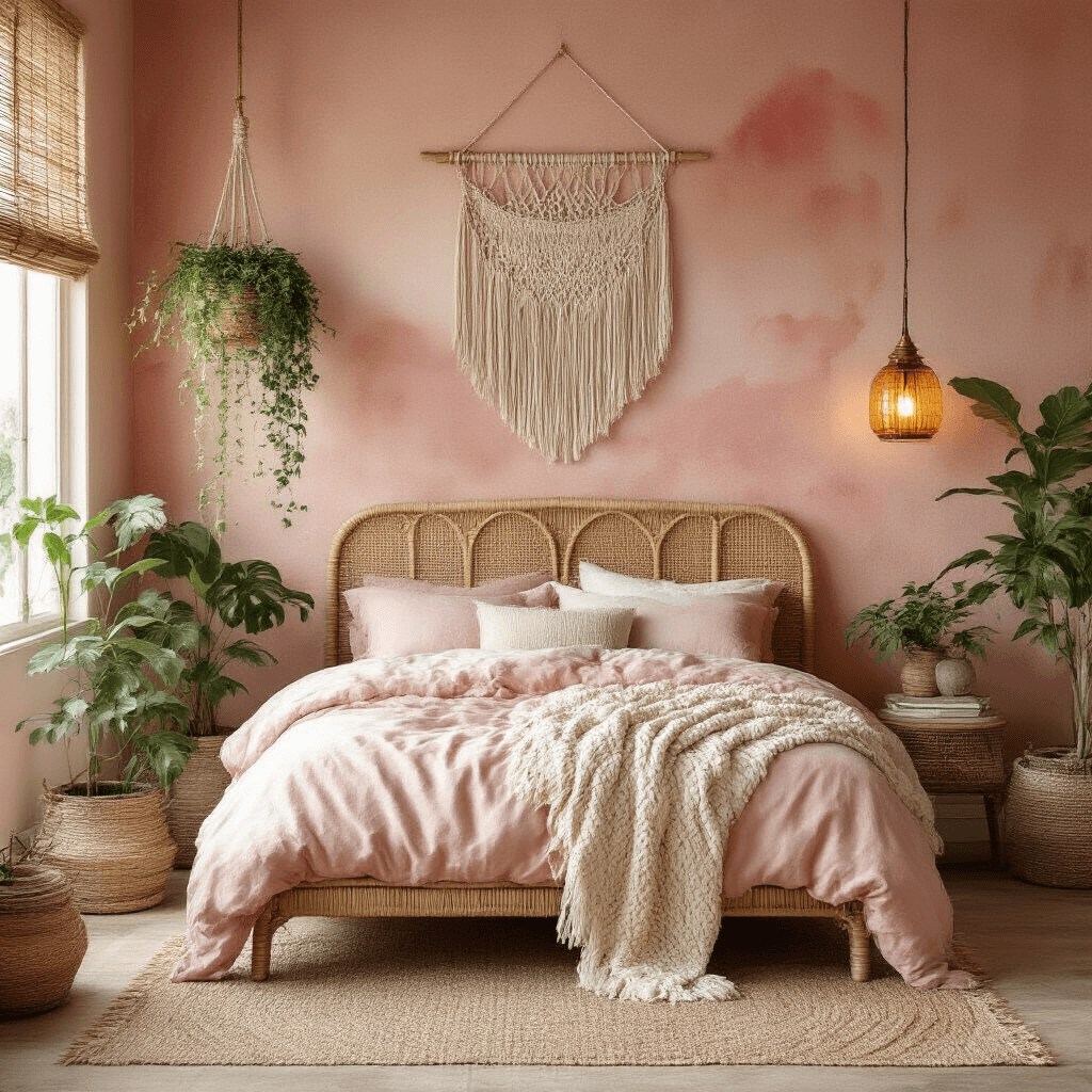 Boho-inspired pink bedroom featuring a terracotta pink wall with watercolor effect, a rattan bed frame, macramé wall hanging, layered textiles including a blush linen duvet and cream chunky knit throw, multiple potted plants, a jute area rug, a woven basket, a warm brass floor lamp with amber shade, and natural light streaming through bamboo roman shades.