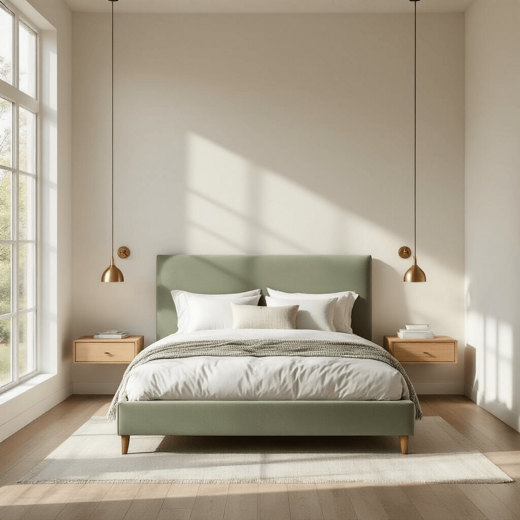 A serene minimalist bedroom featuring a sage green upholstered bed against a warm white wall, with large windows allowing soft morning light, natural wood nightstands, brass reading lamp, white linens, and light oak hardwood floors, captured at a 45-degree angle to emphasize symmetry and spaciousness.