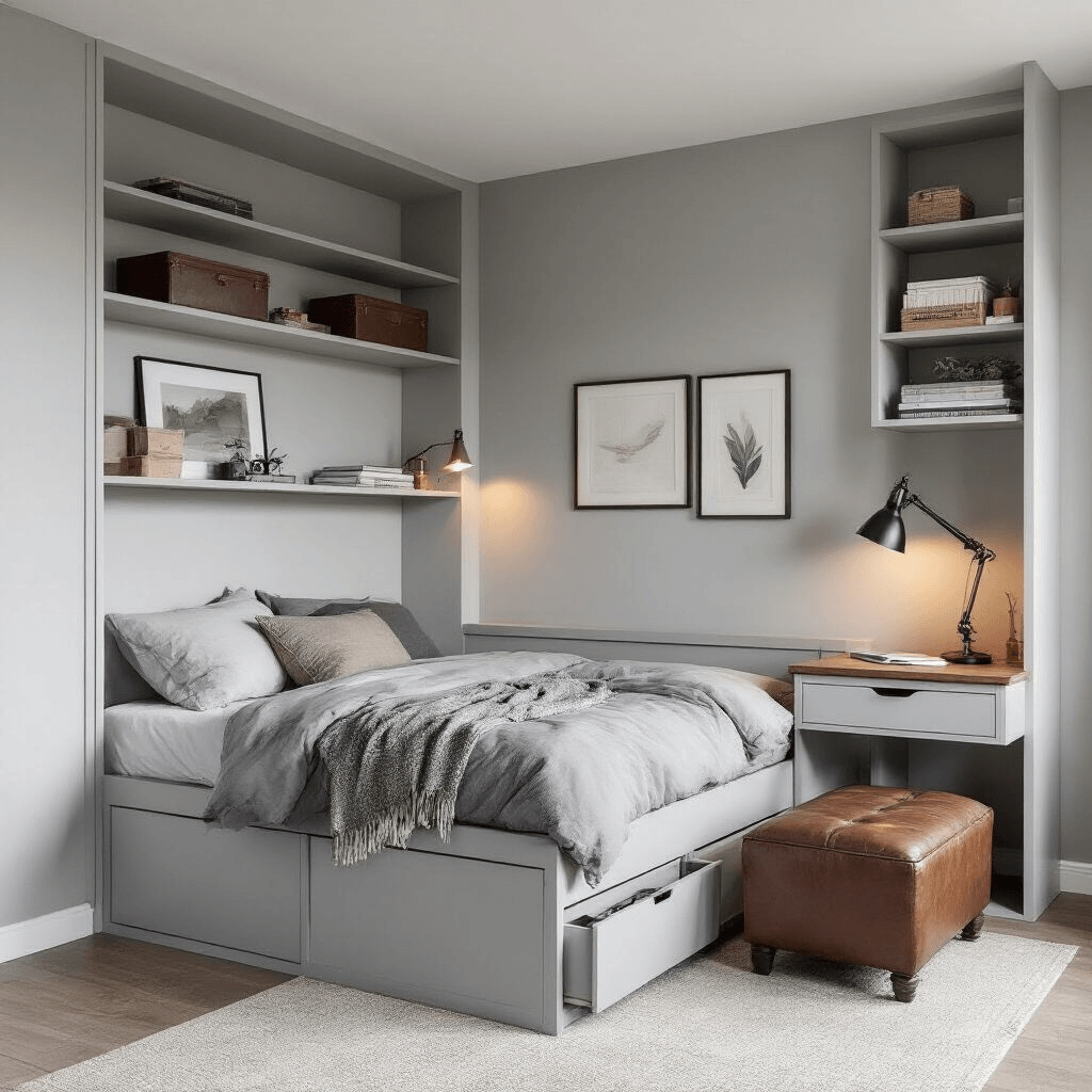 A compact 10x10 bedroom with a diagonal platform bed featuring storage drawers, dove gray walls, floor-to-ceiling shelving, a fold-down wall-mounted desk with an industrial lamp, a vintage leather storage bench, minimal artwork, and layered lighting to enhance spatial design.