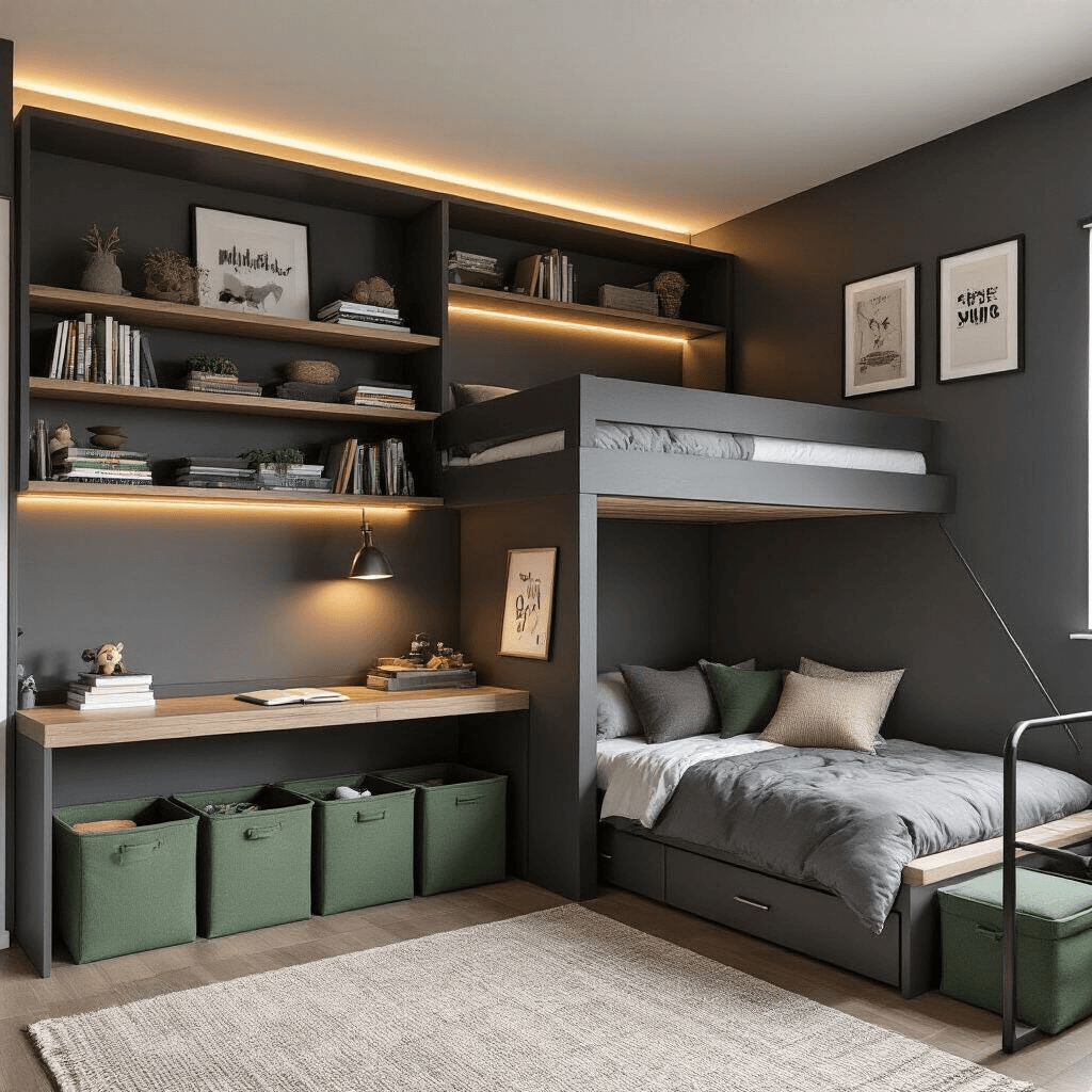 Contemporary boys bedroom with charcoal gray walls and white trim, featuring a loft bed with desk underneath, open shelving with books, forest green storage bins, warm ambient lighting, natural wood shelves with framed posters, industrial-style metal bed frame, textured neutral area rug, and soft morning light.