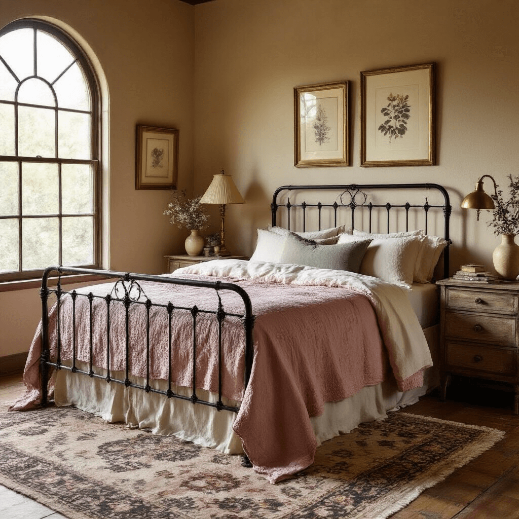 A warm vintage bedroom bathed in golden hour light, featuring a black wrought iron bed with a dusty rose quilt, a brass lamp on a wooden nightstand, hardwood floors, a Persian rug, and an arched window casting gentle shadows on botanical prints and a textured color palette.