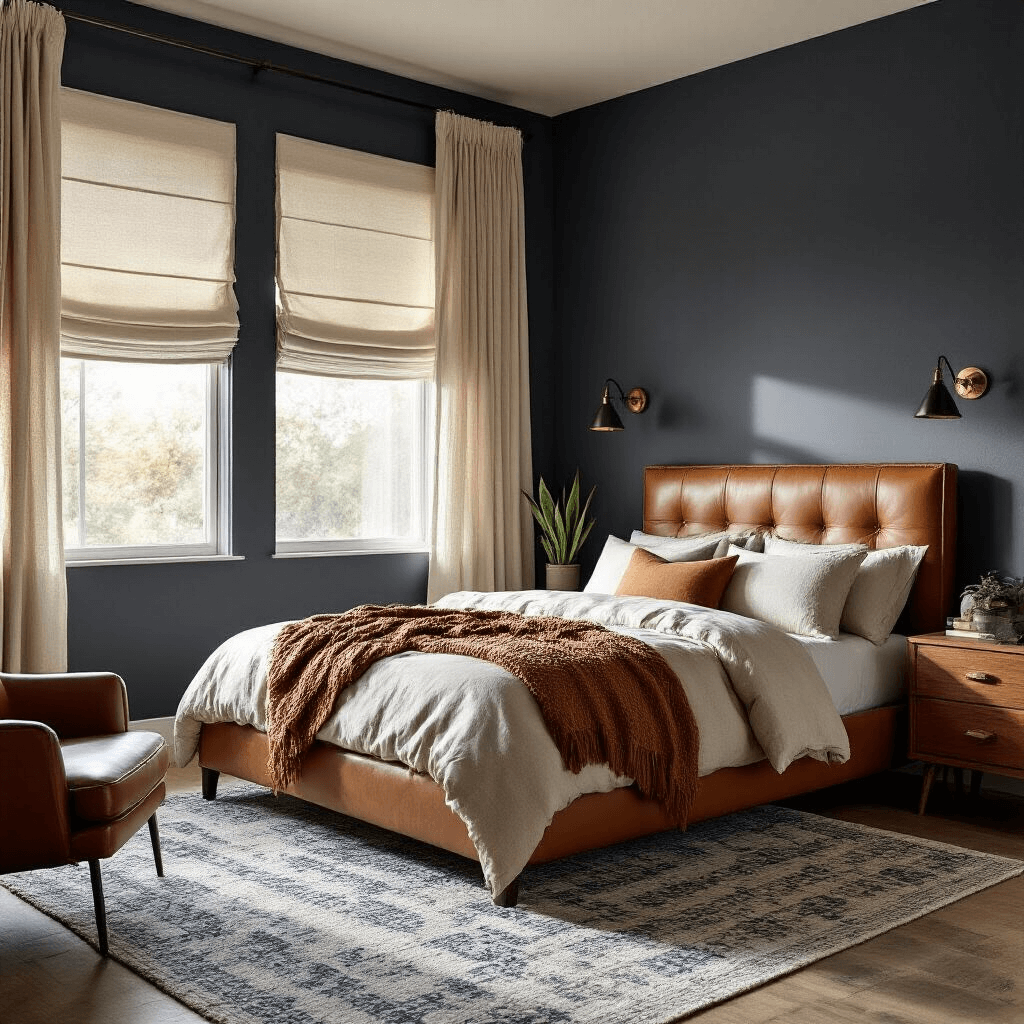 Ultra-realistic men's bedroom interior featuring warm charcoal gray walls with a navy blue accent wall, a platform bed with a leather headboard, and textured linen bedding. Natural sunlight filters through layered blackout shades and cream curtains, highlighting a chunky knit rust orange throw, walnut nightstands with brass hardware, and a geometric rug. A leather accent chair and a snake plant complete the cozy masculine aesthetic.