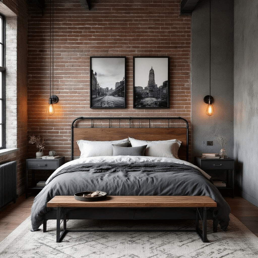 Sophisticated industrial bedroom featuring an exposed brick accent wall, metal bed frame with walnut headboard, vintage photography gallery, and warm amber lighting.