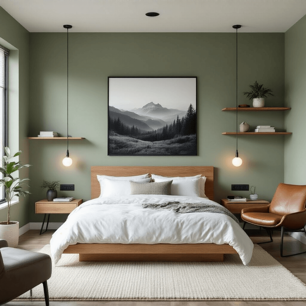 Modern minimalist men's bedroom featuring sage green walls, a natural wood platform bed with white bedding, a large black and white landscape photograph, brushed steel wall-mounted shelves, an oversized cream wool rug, layered lighting, a leather accent chair, a potted plant, and integrated smart home technology with a wireless charging pad. Soft morning light enhances the serene atmosphere.
