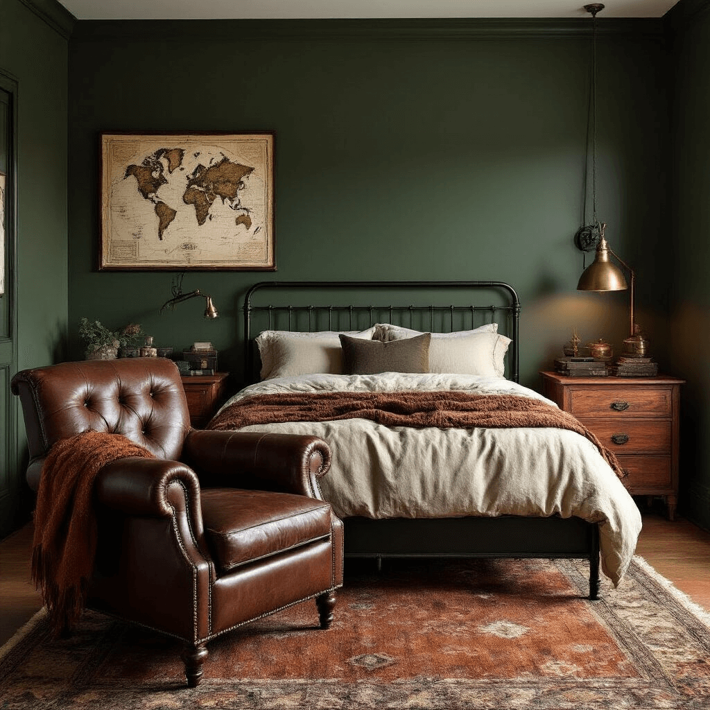 Vintage-inspired masculine bedroom featuring deep forest green walls, a black metal bed frame, warm wood nightstands, a leather armchair with brass studded details, vintage map artwork, and an antique brass reading lamp. The room is accented with a textured rust-colored throw blanket, cream linen bedding, a wool area rug, and exposed wood grain furniture, complemented by metal industrial accessories and a cedar and sandalwood reed diffuser, all enhanced by dramatic side lighting for a moody ambiance.