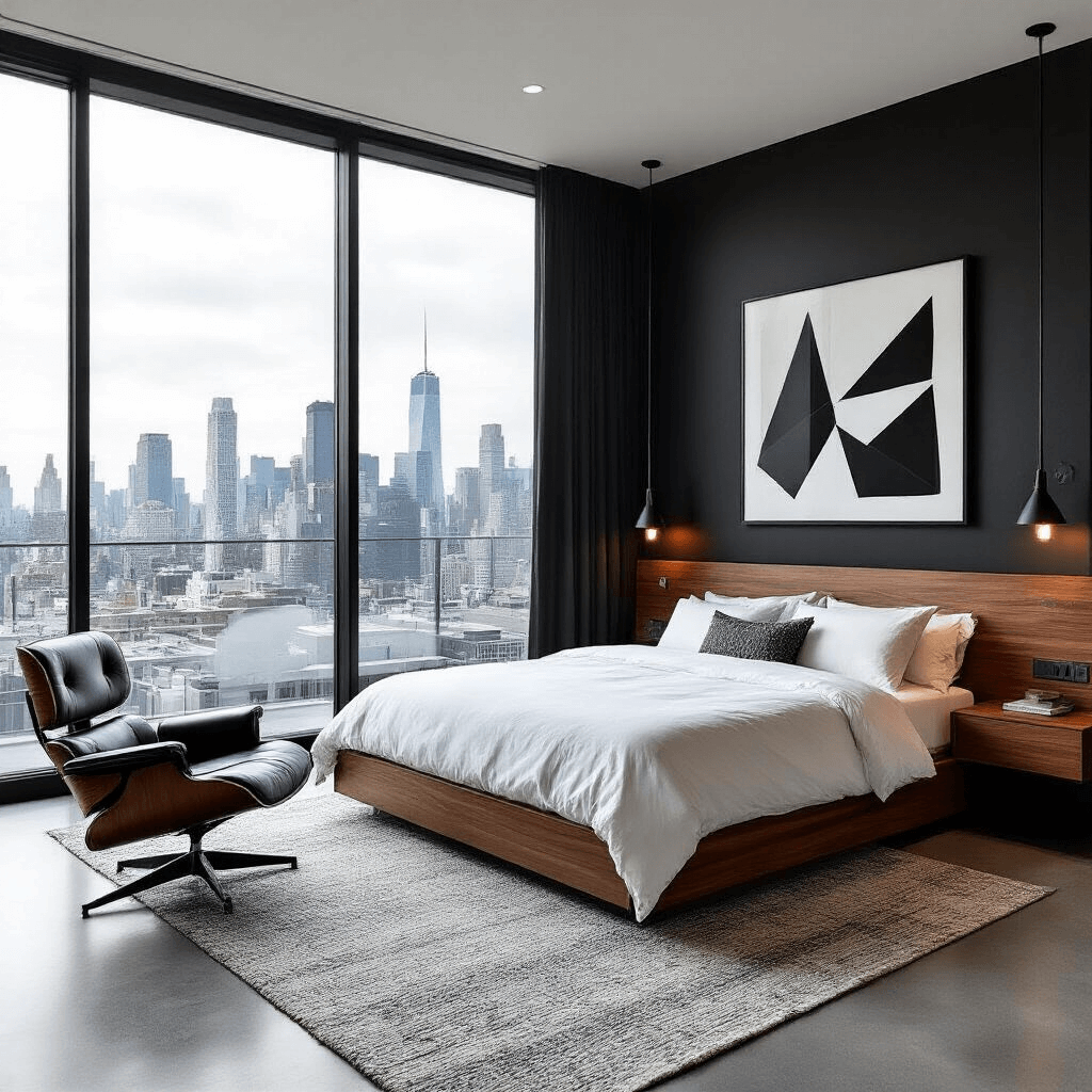 Contemporary men's bedroom featuring matte black walls, walnut wood platform bed with white bedding, floor-to-ceiling windows showcasing a city skyline, and minimalist decor with geometric artwork and sleek furnishings.
