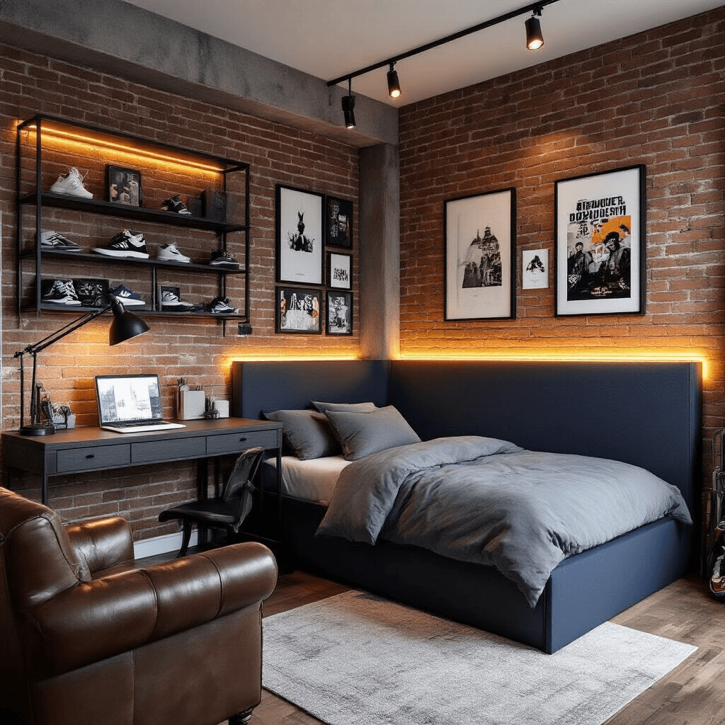 Urban loft-inspired teenage bedroom featuring exposed brick wallpaper, dark wood L-shaped desk with cable management, a full-size matte navy platform bed with grey bedding, LED strip lighting, gallery wall of framed art, vintage leather armchair, industrial floor lamp, and open metal shelving for sneakers and awards, all under a concrete grey ceiling with warm wood accents.