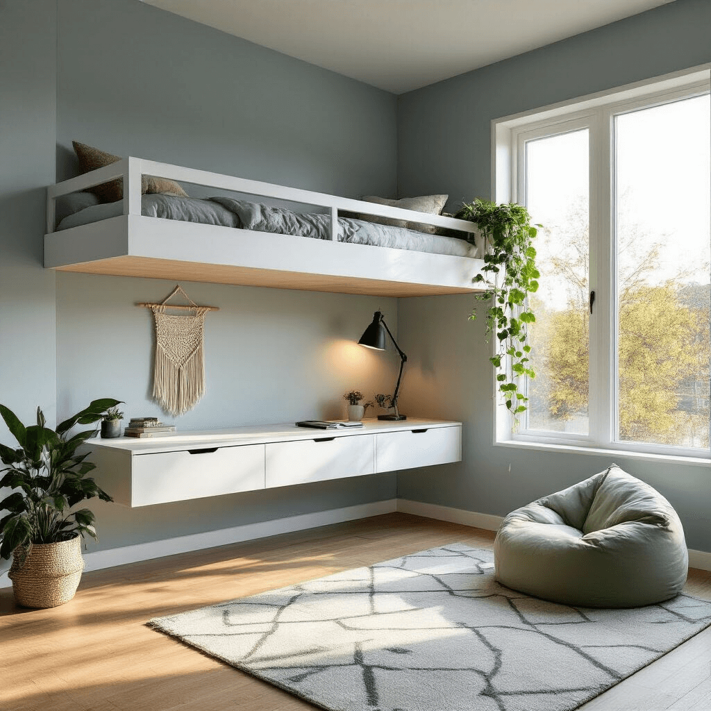 Ultra-modern teen bedroom featuring a loft bed, soft gray-blue walls, and exposed wooden floors. A floor-to-ceiling window lets in golden afternoon light. A minimalist white desk, black metal task lamp, macramé wall hanging, and a trailing pothos plant are present. There’s a low-profile sage green bean bag and a geometric monochromatic area rug, highlighting vertical space and natural textures.
