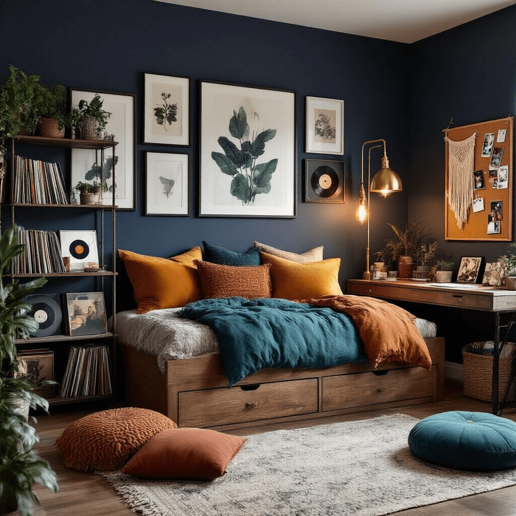 Eclectic teen bedroom featuring a dark navy accent wall, a gallery wall of mixed art frames, and a vintage brass floor lamp providing warm light. An elevated wooden bed with storage drawers is adorned with textured throw pillows in rust, mustard, and deep teal. Open shelving displays vinyl records, polaroid photos, and small plants, while a macrame wall hanging adds texture. An industrial-style desk with exposed metal legs sits beside a cork board filled with personal mementos, and soft Moroccan-style floor cushions are positioned near the window. The scene is captured in a warm, moody cinematographic style.