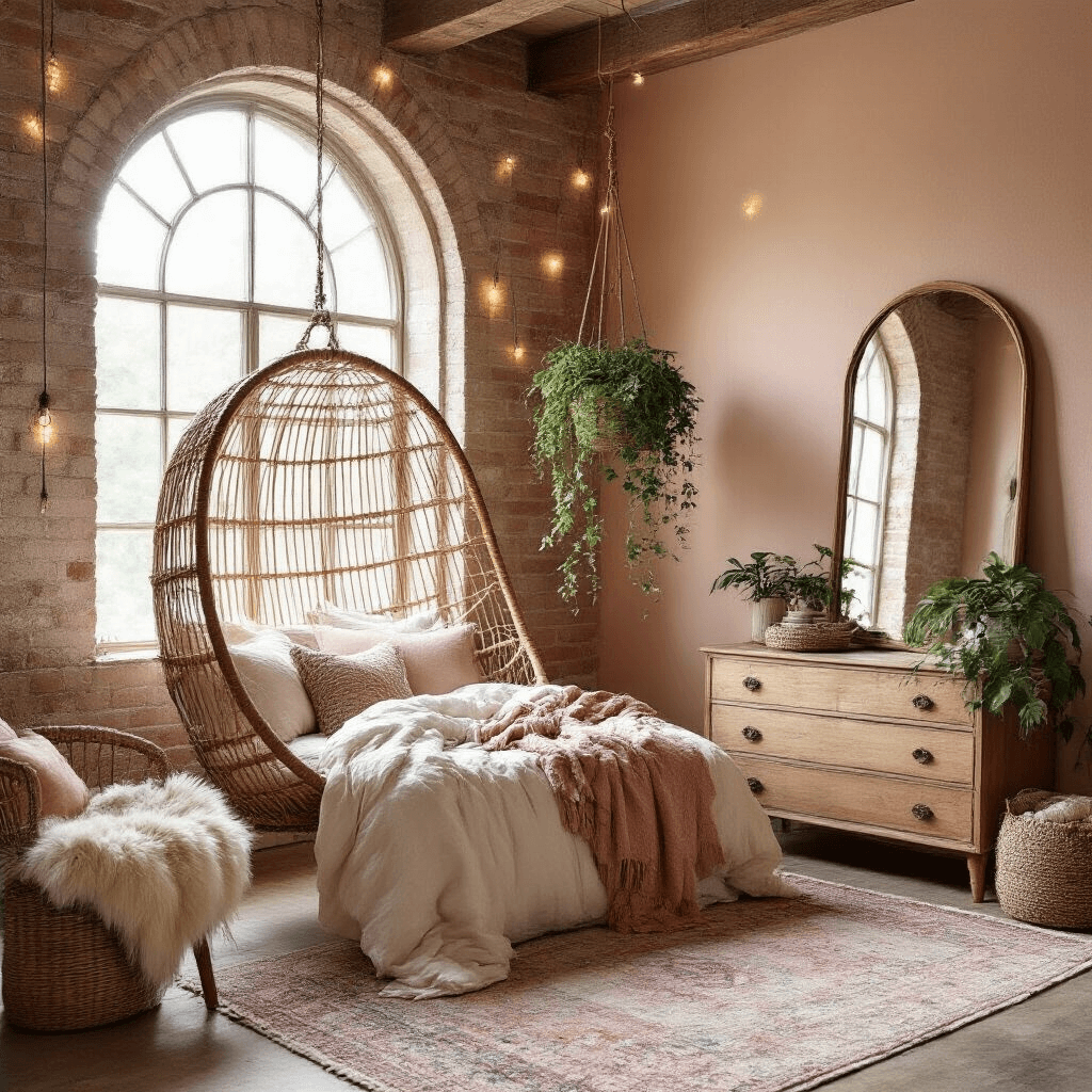 A cozy bohemian-inspired teen bedroom featuring soft blush walls, a rattan hanging chair by a large arched window, and string lights on an exposed brick wall. There's an oversized floor mirror, linen bedding in cream and dusty rose, textured throw blankets, a vintage wooden dresser, and a trailing green pothos plant. Layered area rugs, a woven basket for textiles, and a sheepskin throw on a reading nook chair enhance the warm, dreamy atmosphere.