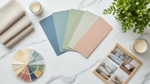 Ultra-photorealistic flat lay of organized bedroom color selection materials on a clean marble surface, featuring fanned paint sample cards in calming colors, small glass jars of samples, a color wheel, fabric swatches, natural lighting charts, and a minimalist mood board, all illuminated by soft, even natural light.