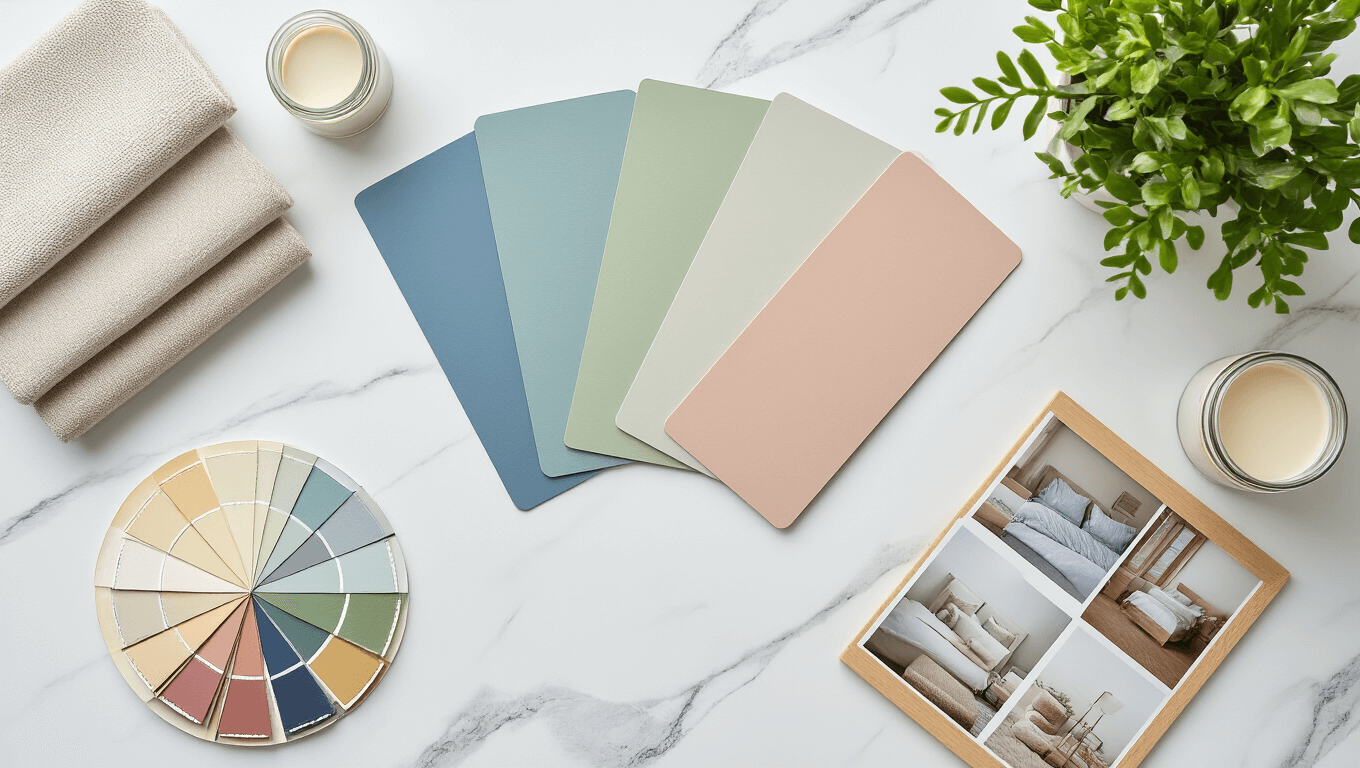 Ultra-photorealistic flat lay of organized bedroom color selection materials on a clean marble surface, featuring fanned paint sample cards in calming colors, small glass jars of samples, a color wheel, fabric swatches, natural lighting charts, and a minimalist mood board, all illuminated by soft, even natural light.