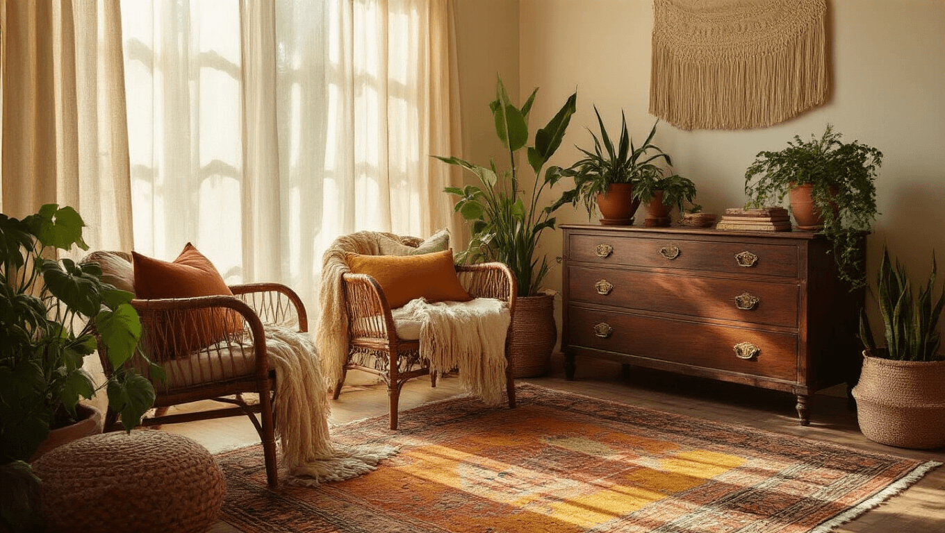 A beautifully styled bohemian living room with layered textiles, terracotta-colored rugs, natural light filtering through sheer curtains, and an array of plants in mismatched ceramic pots, creating a cozy, inviting atmosphere.