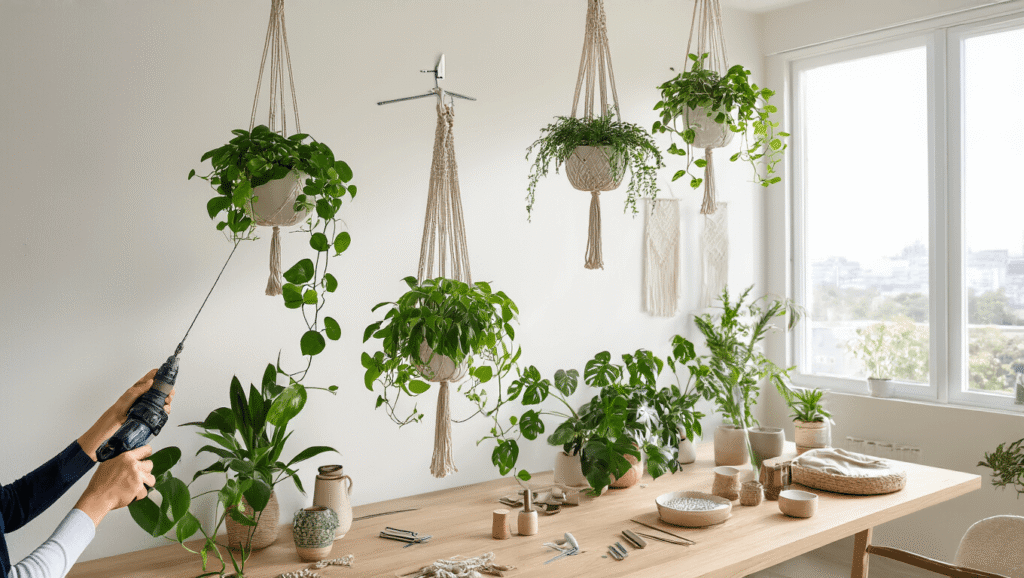 Cinematic wide-angle shot of a bright, airy living room with ceiling-mounted hanging plants, featuring hands installing brushed nickel screw hooks into a white drywall ceiling, surrounded by scattered mounting hardware, with a lush arrangement of trailing pothos, spider plants, and monstera in macrame hangers, illuminated by warm morning sunlight through floor-to-ceiling windows.