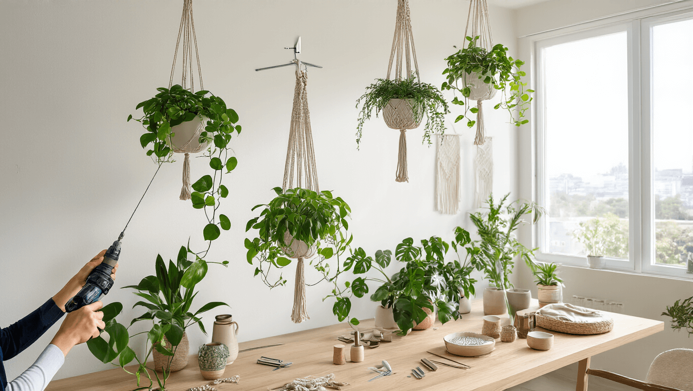Cinematic wide-angle shot of a bright, airy living room with ceiling-mounted hanging plants, featuring hands installing brushed nickel screw hooks into a white drywall ceiling, surrounded by scattered mounting hardware, with a lush arrangement of trailing pothos, spider plants, and monstera in macrame hangers, illuminated by warm morning sunlight through floor-to-ceiling windows.
