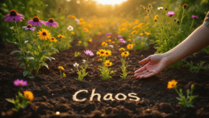 A vibrant chaos garden at golden hour, featuring hand-thrown wildflower seeds on dark earth with purple coneflowers, yellow coreopsis, and cosmos in various growth stages. Warm sunlight casts shadows across the garden bed, with dewdrops on seedlings, a weathered metal rake, and open seed packets in the foreground, and a soft-focus residential background.