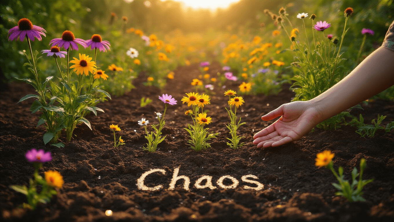A vibrant chaos garden at golden hour, featuring hand-thrown wildflower seeds on dark earth with purple coneflowers, yellow coreopsis, and cosmos in various growth stages. Warm sunlight casts shadows across the garden bed, with dewdrops on seedlings, a weathered metal rake, and open seed packets in the foreground, and a soft-focus residential background.